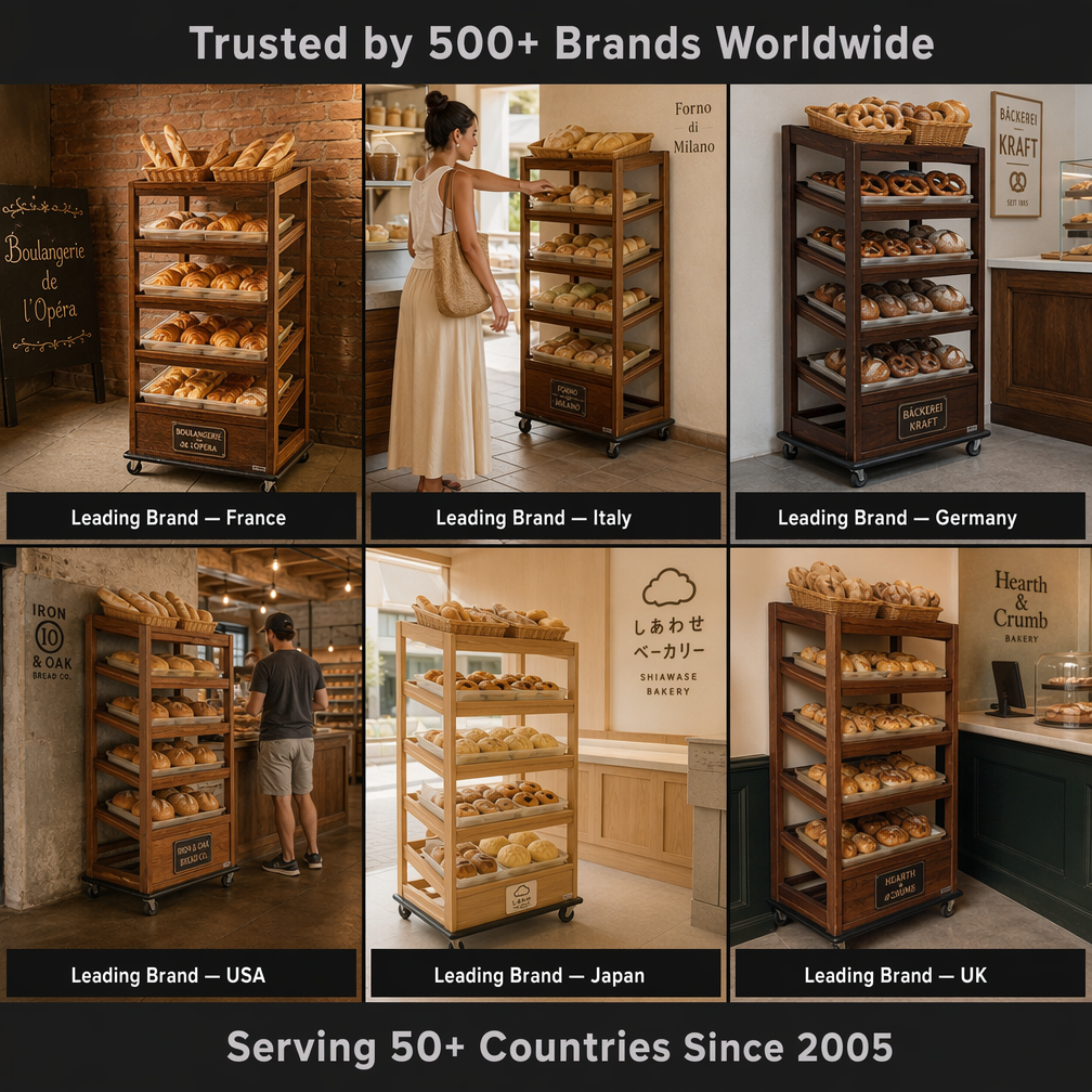 Custom 6-Tier Wooden Rolling Bakery Display Rack Bread Pastry Cart with Wicker Baskets 4 Swivel Casters for Bakery Cafe Hotel — view 6