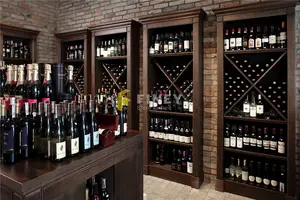 Wood Shop Shelf Customized Wine Shop Display Wooden Wine Furniture Rack Wall Mounted Design Large Fixture Wine Cellar Shelves