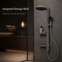 Système de douche pluie gris anthracite en acier inoxydable avec douchette à main, étagère de rangement intégrée, colonne de douche murale pour usage hôtelier