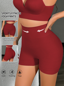 Shorts de sport yoga taille haute très élastiques, effet push-up fessier, couleur unie, côtelés, respirants, contrôle du ventre, gainants, sans coutures - Product Image 1
