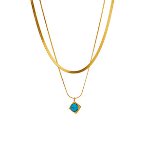 European American Fashion Double Layer Titanium Steel Turquoise Square Pendant Necklace Geometric Design Gold Color - Product Image 5