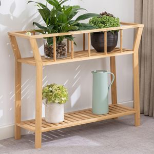 Étagère à fleurs en bambou à double niveau avec rangement pour une utilisation intérieure et extérieure - Product Image 1