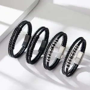 Unisex Men's And Women's Classic Silver Gold Plated Leather Rope-Woven Bangles Beaded Jewelry For Parties With Bag Packaging