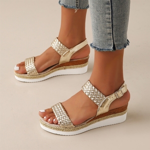 Sandales tissées rouges en gros d'usine - <span class=keywords><strong>Espadrilles</strong></span> compensées à bride cheville décontractées pour femmes au quotidien - Product Image 2