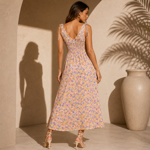 Floral Print Midi <b>Dress</b> V-Neck Spaghetti Strap <b>Boho</b> Style Chiffon A-Line Elastic Waist <b>Summer</b> Casual <b>Dress</b> - Product Image 2