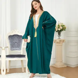 Loriya Garment Middle East Islamic Clothing EID Dubai Saudi Arab Dresses with Gold Trim Green Kaftan Abaya