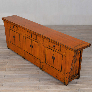 Buffet vintage en bois massif laqué orange vieilli, écologique, fait main, style chinois antique, 3 portes, 3 tiroirs, armoire basse - Product Image 2