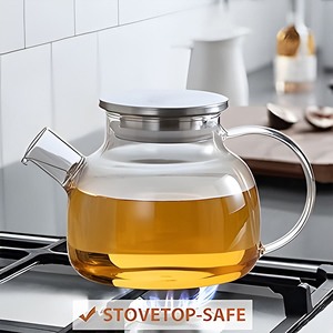 Pichet à eau bouillante en verre borosilicate lisse avec couvercle en acier inoxydable, compatible cuisinière, 1L 1.8L, avec poignée en verre, sans BPA - Product Image 1