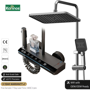 Luxury Gunmetal Exposed Shower System Piano Key Push Button LED Digital Ambient <b>Light</b> Square Rainfall Head Multi Function - Product Image 1