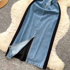 Abito lungo estivo casual con scollo a O e spacco per donna, vestito in denim patchwork a vita alta - Product Image 4