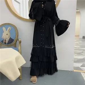 Robe Musulmane Mode Cardigan Islamique Femmes Robe Longue Kaftan Perles à Lacets Burqa Perle Manches Flare Robe Couche Ouvert Noir Abaya