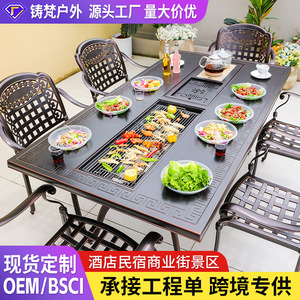 Cast Aluminum Outdoor <b>BBQ</b> <b>Table</b> Set 6 Seater Garden Furniture With Grill And Tea Station For Patio Backyard Use - Product Image 2