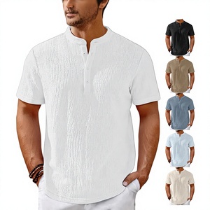 Camicia Casual da Uomo a Maniche Corte Henley a Righe in Poliestere Stile Retrò Senza Stiratura, Novità 2025 per il Commercio Transfrontaliero su Wish - Product Image 1