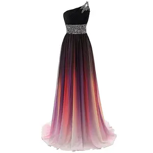 S195Q One Shoulder Gradient Chiffon Fashion Slim Color Gradient Evening Dress