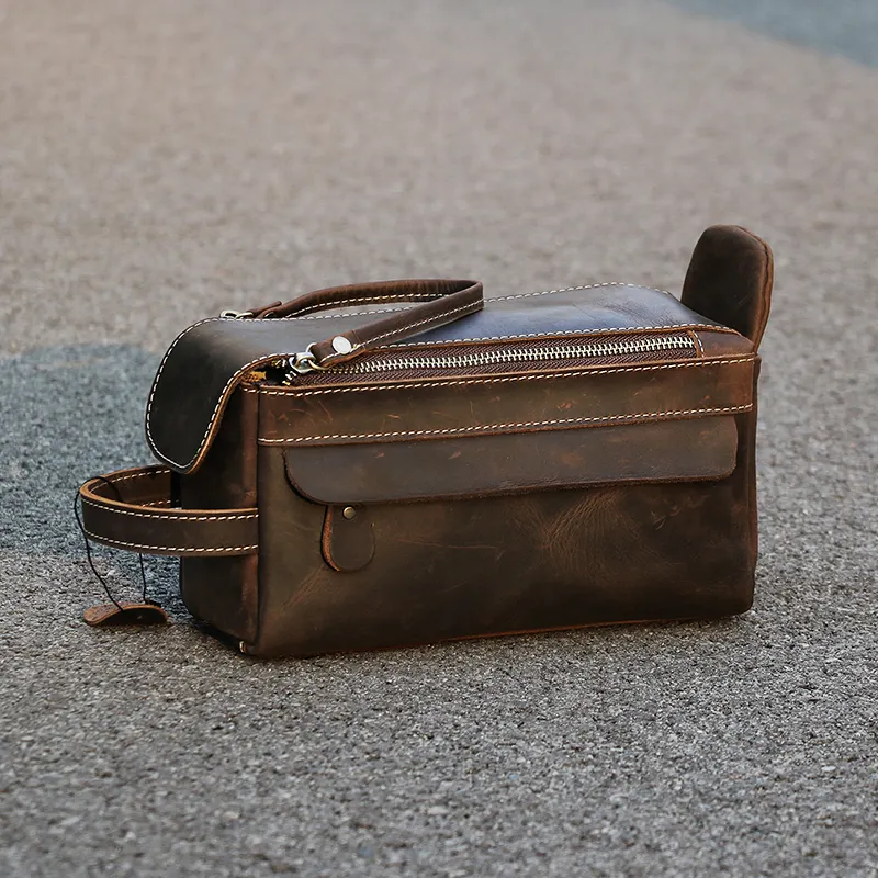 New arrival top grain genuine leather travel toiletry bag for men