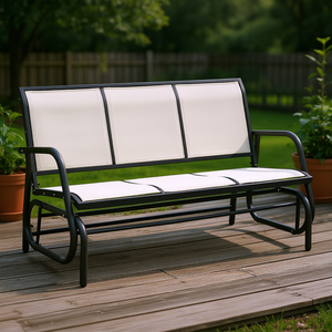 Panca da esterno per 3 persone, colore bianco crema, con rete traspirante e struttura in metallo resistente per uso nel patio - Product Image 2