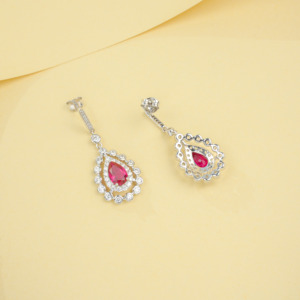 S925 <b>Sterling</b> <b>Silver</b> Lace Teardrop Lab Grown Ruby <b>Dangle</b> <b>Earrings</b> - Product Image 3