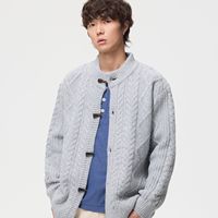 Herren Stehkragen-Cardigan mit Zopfmuster und Hornknöpfen, Vintage Loose Fit, Dicker Strickpullover, Lässige Winterjacke