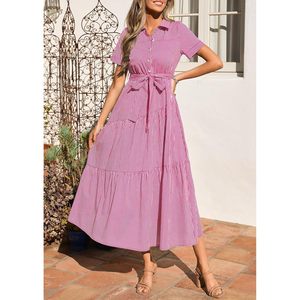 FOXA Women's Summer Maxi Button Up Shirt Dress Short Sleeve Striped A Line Flowy Elegant Spring Casual Dress - Product Image 2