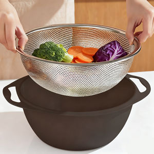 स्टेनलेस स्टील डबल-लेयर कोलैंडर सेट रसोई सब्जी और फल धोने बेसिन के साथ ड्रेक-ग्रेड, टिकाऊ - Product Image 1