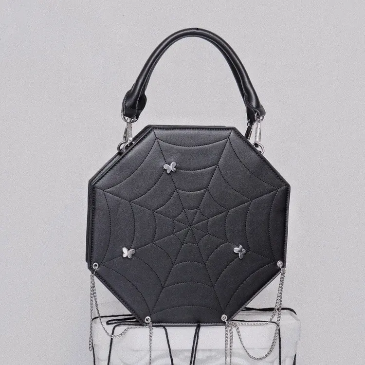 Custom Spider Web Bag Butterfly Purse Goth Dark Handbag PU Diagonal Span Metal Chain Octagonal Bag