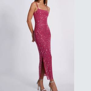 Nuevo Vestido Largo Elegante para Mujer, Estilo Halter, Ajustado al Cuerpo, con Abertura Lateral, Lentejuelas Rojas, para Fiesta - Product Image 3