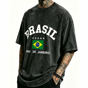 Vintage <b>Washed</b> Regular Fit Men T-Shirt Short Sleeve O-Neck 100% Cotton Jersey Breathable Letter Flag Print Casual Streetwear - Product Image 1