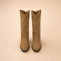 Bottes de cowboy western marron brodées sur mesure OEM ODM à talon épais mi-mollet, échantillon rapide, faible MOQ, usine de chaussures pour femmes aux États-Unis