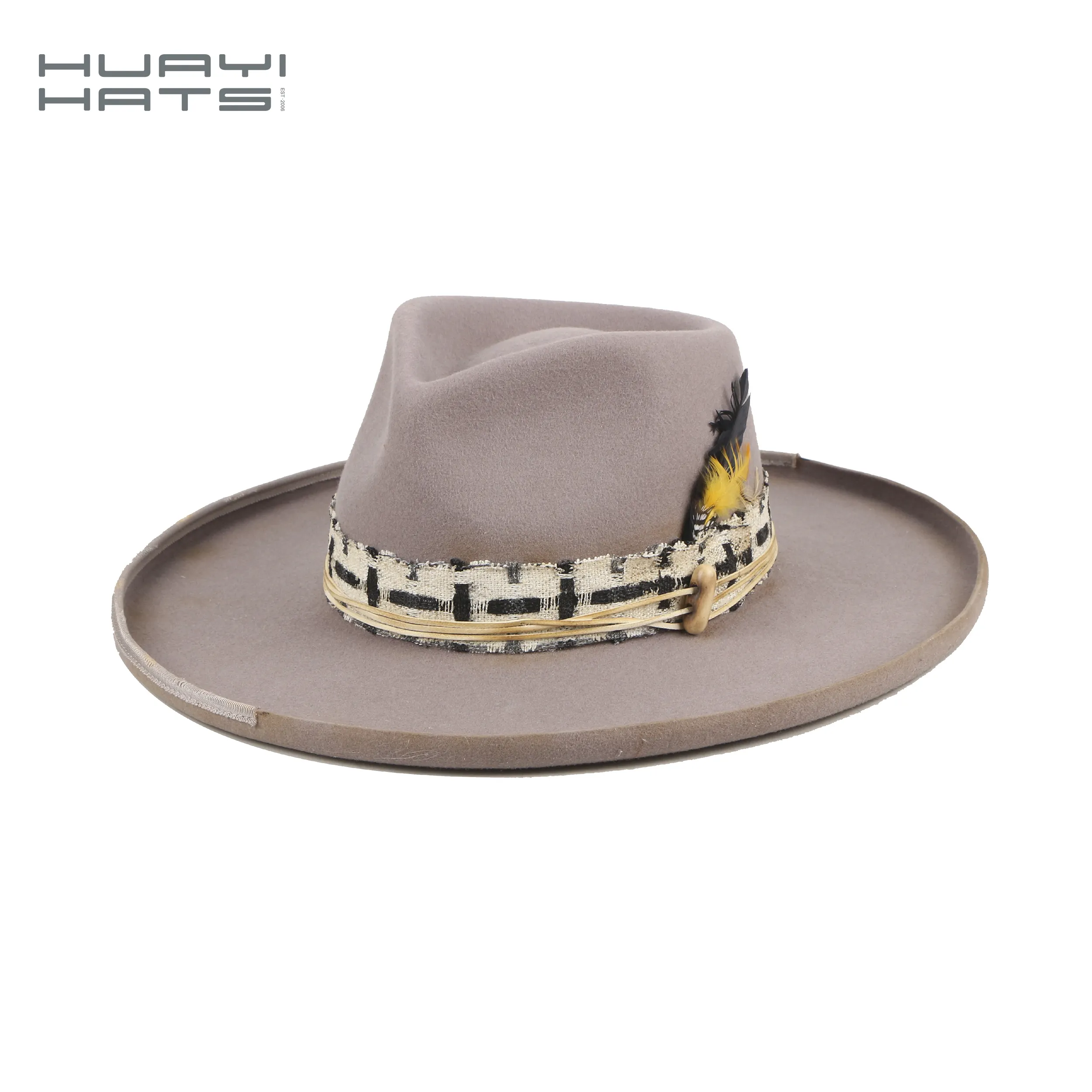 Huayihats custom indiana jones men's wool felt fedora hat with hat band accessory wide brim hat