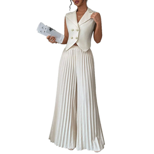 C0330 Conjuntos de Ropa Moderna para <span class=keywords><strong>Mujer</strong></span>, Trajes de Oficina, Chaleco con Cuello en V y Pantalones Anchos Plisados, Conjunto de Dos Piezas - Product Image 6