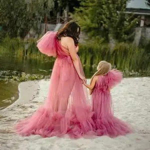 Mother Daughter Dresses Flowers with single rotator cuff see through the beach dress solid color photography dress for Maternity
