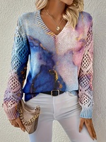 Pull en maille respirant 100 % polyester à imprimé marbré pour femme, col en V, manches longues, maille ajourée, toutes saisons, décontracté, numérique