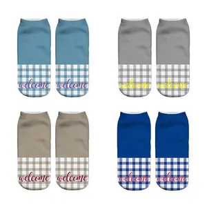2024 Large Adults Size Contrast Color Buffalo Grid Plaid With Welcome Sweet Letters Cotton Comfort Cool Socks