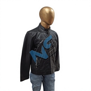 <b>Men's</b> <b>Leather</b> Bomber <b>Jacket</b> Turn-down Collar Zipper Closure Windproof Slim Regular Fit Striped Front Logo Printing Autumn Wear - Product Image 3