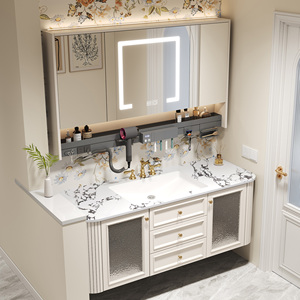 Mueble de Baño Moderno de Lujo Francés Color Crema, Lavabo Simple/Doble, Encimera de Madera, Lavabo de Cerámica, Espejo Inteligente, Gabinete de Pared - Product Image 4