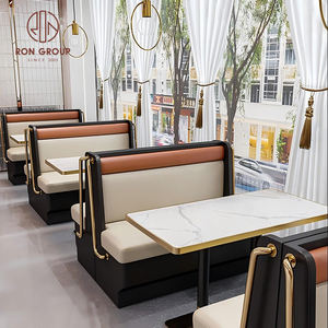 Ensemble de mobilier de restaurant moderne, canapé d'angle beige avec garniture orange, table ronde en marbre et chaises <span class=keywords><strong>à</strong></span> coussin beige pour café - Product Image 2