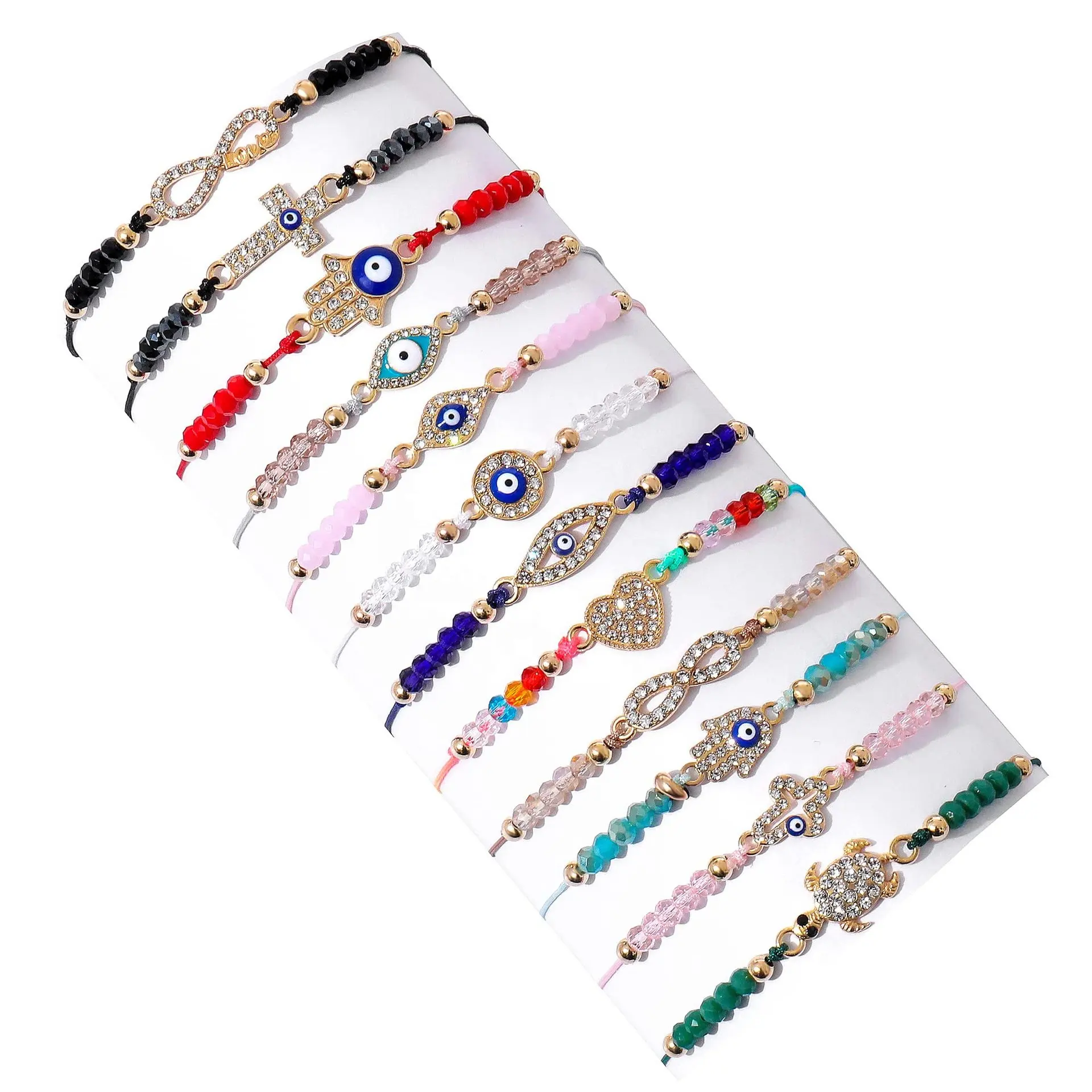 Wholesale Amazon Colorful Turkish Bracelet rhinestone evil Blue eye turtle cross fatima adjustable rope Bracelet set For women