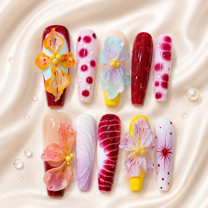 <span class=keywords><strong>Ongles</strong></span> à presser 3D faits main de luxe haut de gamme, longs, forme cercueil, réutilisables, motif floral estival, en acrylique, personnalisables, vente en gros - Product Image 2
