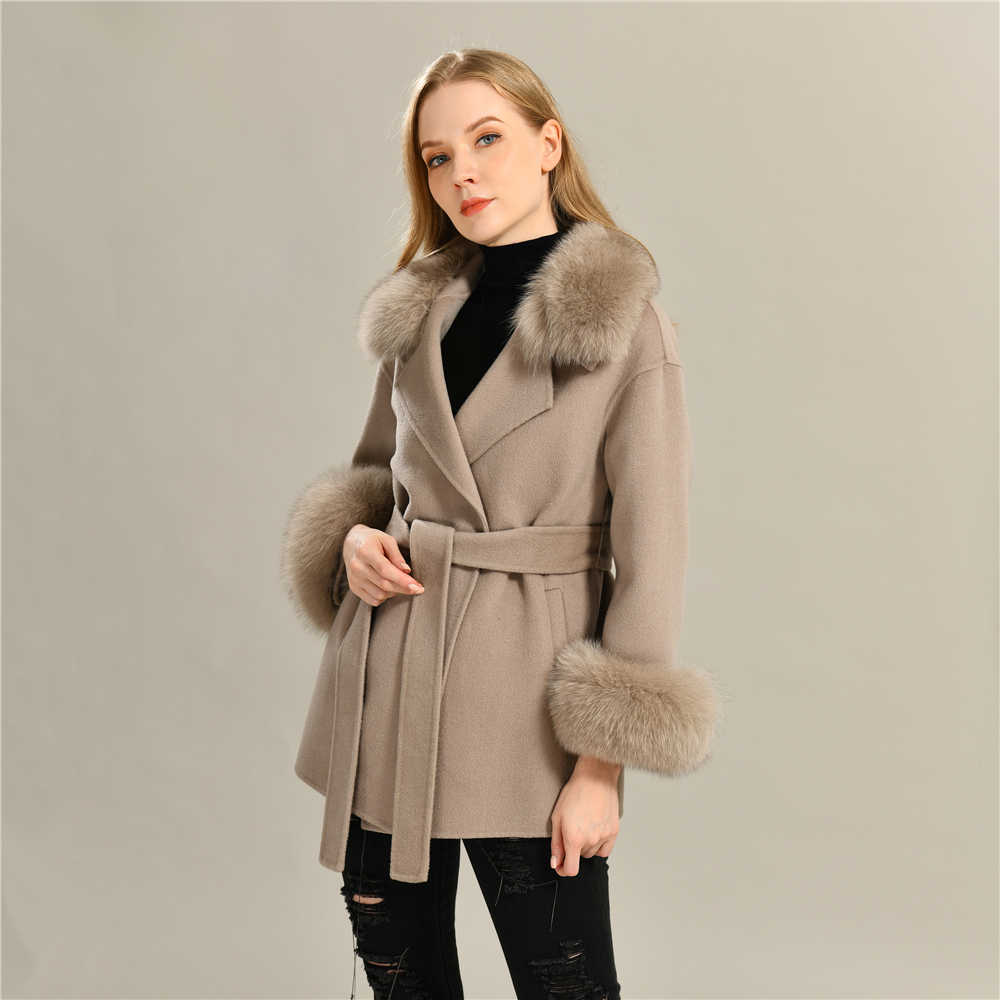 Double Face Cashmere Coat With Belt Female Wool Coats Warm Spring Women Long Wool Coat With Fox Fur Trims