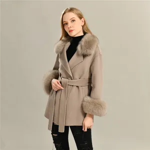 Abrigo de Cachemira de doble cara con cinturón para mujer, abrigos de lana femeninos, abrigo largo de lana cálido con adornos de piel de zorro