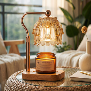 Lampe <span class=keywords><strong>chauffe</strong></span>-bougie à intensité variable avec abat-jour en verre en forme de cloche amovible, bordure en pétales ondulés, base en bois massif, <span class=keywords><strong>chauffe</strong></span>-bougie parfumé sûr et sans fumée - Product Image 1