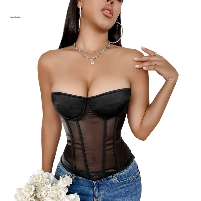 Sexy mesh sheer Lace Gorset Bustiers Black Lingerie Women Underwear Transparent Strapless Corset Waist Trainer Bodysuit Bustier