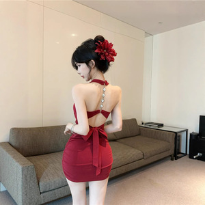 Halter Neck Backless Bodycon Evening Dress Wine Red Solid Color Natural Waistline G-306 - Product Image 1