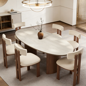 Ensemble de table à manger avec 6 chaises, table ovale à piétement, couleur crème, style moderne, 6 places, style nordique, importé, style japonais, longues tables à manger - Product Image 2