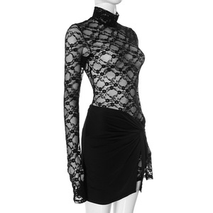 CUTENOVA D24ST618 2025 nuovo arrivo abito tinta unita <span class=keywords><strong>pizzo</strong></span> trasparente a maniche lunghe Mini gonna due pezzi lavorato a <span class=keywords><strong>maglia</strong></span> completo da donna - Product Image 4