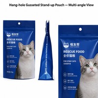 Sachet personnalisé imprimé à soufflets latéraux, refermable avec fermeture éclair, trou de suspension et encoche de déchirement pour aliments pour chats errants