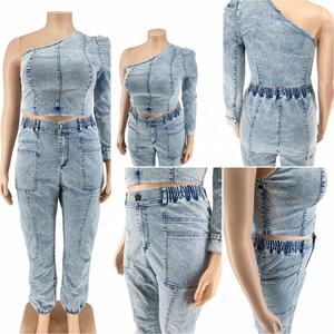 Conjunto de Jeans de Talla Grande para Mujer, Sexy, Hombro Inclinado, Manga Única, Lavado, Azul Claro, Conjuntos de Mezclilla para Mujer - Product Image 5