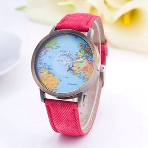 นาฬิกาข้อมือผ้าเดนิม ผ้าแคนวาส สายหนัง ลายแผนที่โลก รูปทรงเครื่องบิน - Product Image 3