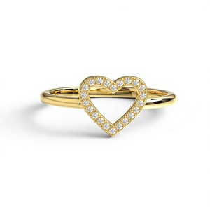 Anillo Romántico de Oro de 18K y 14K Chapado en Oro con Diamante Cultivado en Laboratorio de Corte Brillante Redondo en Forma de Corazón, Anillo Delicado con Pavé, Anillo Apilable para Compromiso - Product Image 1