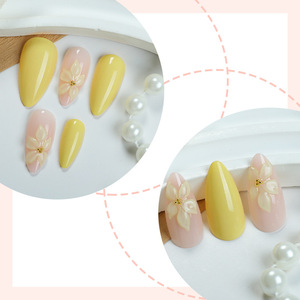 Faux ongles à presser 3D motif fleur jaune amande, amovibles, élégants, pour la vente en gros - Product Image 3